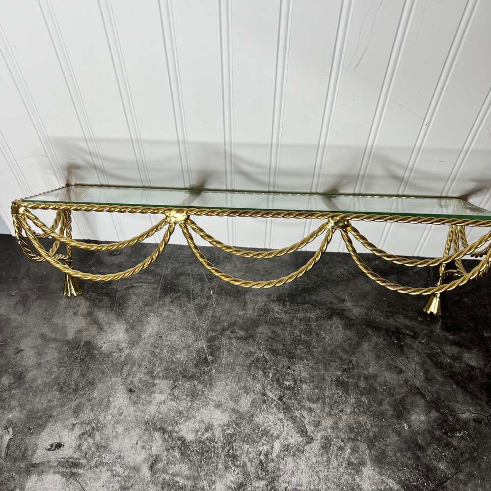 Vintage Hollywood Regency Gilded Rope and Tassel Glass Wall Shelf | Cottage